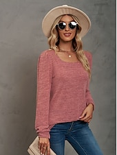 abordables Tops Sencillos para Mujeres-Mujer Sayo Remera de algodón Plano Bohemia Elegante Básico Manga Larga Manga Farol Escote Cuadrado Tops regulares Diario Deportes Noche Negro Rosa Morado Verde Trébol Caqui Primavera Otoño