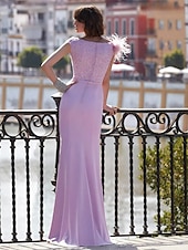 abordables violet-gaine / colonne robe de soirée robe élégante plage mariage mariage formel longueur au sol sans manches col en V mousseline de soie avec broderie de paillettes de plumes 2025