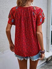 preiswerte Blumenblusen-Damen Bluse Druck Blumen Bohemien Vintage Lässig Kurzarm V Ausschnitt Normale Oberteile Täglich Ferien Ausgehen Blau Rote Braun Aprikose Sommer Frühling