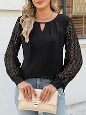 economico Top in Pizzo-Per donna maglietta Liscio Di tendenza Moderno Informale Manica lunga Girocollo Top regolari Giornaliero Fine settimana Pizzo Collage Nero Beige Estate Primavera
