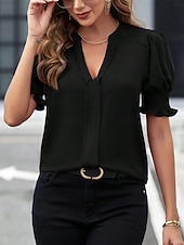 preiswerte Einfache Blusen-Damen Hemd Bluse Einfarbig Stilvoll Lässig Kurzarm Langarm V Ausschnitt Normale Oberteile Täglich Arbeit Ferien Schwarz Weiß Pudriges Rosa Orange Grün Sommer Frühling