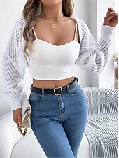 preiswerte Strickjacken und Oberbekleidung-Damen Strickjacke Pullover mit Zopfmuster Strassenmode Täglich Stilvoll Einfarbig Grobstricken Gehäkelt Öffnung vorne Ausgehöhlt Strick Raglanärmel Laternenärmel Langarm Crop Tops Stricken Heim Party