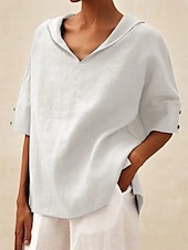 preiswerte Hemden-Damen Hemd Bluse Baumwoll-Leinen-Hemden Einfarbig Basic Lässig Dreiviertelarm Mit Kapuze Normale Oberteile Täglich Knöpfe Weiß Blau Sommer