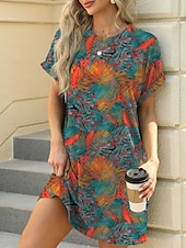levne Boho šaty-Dámské Mini šaty Volnočasové šaty Tričkové šaty Boho šaty stylové Na běžné nošení Dovolená Denní Běžný Květinový S lístky Krátký rukáv Tričkový Vodní modrá Hnědá Trávová zelená Léto
