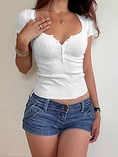 preiswerte Einfarbiges T-Shirt-Damen Hemd Bluse Feste Farbe Basic Brautkleider schlicht Kurzarm V Ausschnitt Normale Oberteile Täglich Knopf Weiß Marineblau Sommer