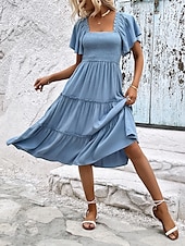 preiswerte Blumenkleider-Damen Midikleid Casual kleid Schaukelkleid A Linie Kleid Stilvoll Basic Brautkleider schlicht Urlaub Täglich Regular Fit Glatt Kurzarm Quadratischer Ausschnitt Blau Sommer