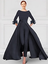 cheap Mom&#039;s Jumpsuits-Jumpsuit / Pantsuit Mother of the Bride  Elegant Party Scoop Neck Off Shoulder Ankle Length Stretch Fabric 3/4 Length Sleeve with Feather Sash / Ribbon 2025