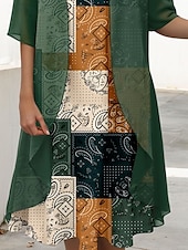 cheap Boho Dress-Women&#039;s Graduation Dress Midi Dress Two Piece Dress Set Shift Dress Chiffon Dress Elegant Vintage Paisley Color Block Print Half Sleeve Crew Neck Daily Dark Green Summer Spring Loose Fit