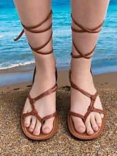 olcso Nyári szandálok-női gladiátor fűzős szandál – barna pántos lapos strandcipő nyári hétköznapi kirándulásokhoz