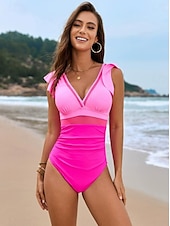 billiga One-piece-baddräkter-Dam Badkläder En bit Monokini Baddräkt Volang Nät Öppen rygg Magkontroll Hög midja Semester Standkläder Ensfärgat V-hals Ärmlös Baddräkter
