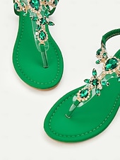 abordables Sandalias Planas-Sandalias con tira en T y adorno de diamantes de imitación verdes para mujer con correa elástica en el tobillo: calzado de verano elegante para playa, fiestas o ropa informal