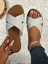 olcso Női szandálok-fekete keresztpántos lapos csúszó szandál nőknek - lezser nyári slip-on kényelmes talppal