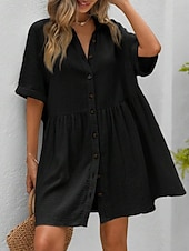 abordables Robe Simple-Robe-chemise courte pour femme, basique, décontractée, pour le quotidien, les vacances, coupe classique, manches courtes, col, noir, rose, abricot, été