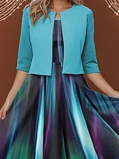 abordables Art &amp; Design Robe-Robe Midi Femme Ensemble de Robe Deux Pièces Robe Imprimée Élégante Imprimé Ombré Manches Mi-Longues Col Rond Quotidien Bleu Printemps Automne Coupe Régulière