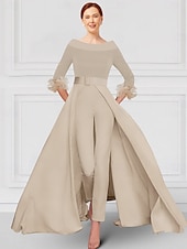 cheap Mom&#039;s Jumpsuits-Jumpsuit / Pantsuit Mother of the Bride  Elegant Party Scoop Neck Off Shoulder Ankle Length Stretch Fabric 3/4 Length Sleeve with Feather Sash / Ribbon 2025