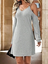 levne Mikina a šaty s kapucí-Dámské Mini šaty Pletené šaty Volnočasové šaty Slip Dress stylové Základní Na běžné nošení Dovolená Denní Běžný Bez vzoru Dlouhý rukáv Do V Šedá Léto Jaro