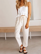 baratos Calça de linho de algodão simples-Mulheres Calças de linho de algodão Calças Leve Casual Mimolet Cintura Média Tecido Bolsos Com Cordão Respirabilidade Confortável Sem Elasticidade Casual / Diário Final de semana Azul de céu claro