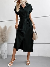 tanie Sukienki do biura-Damskie Sukienka midi Sukienka koszulowa Codzienne sukienki Sukienka kopertowa Elegancki Podstawowy Codzienny Urlop Codzienny Regularny Równina Krótki rękaw Kołnierzyk koszuli Czarny Zielony Lato