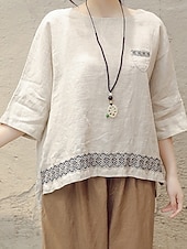 preiswerte Hemden-Damen Hemd Bluse Baumwoll-Leinen-Hemden Geometrisch Basic Lässig Dreiviertelarm Rundhalsausschnitt Normale Oberteile Täglich Patchwork Weiß Braun Grün Sommer Frühling