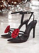 cheap Heeled Sandals-Black High Heel Sandals with Red Floral Embellishments - Chic Party Shoes for Women and Wedding