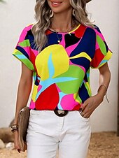 billige Kunst &amp; Design t-skjorte-Dame Skjorte Bluse Geometrisk Stilfull Fritid Kortermet Crew-hals Vanlige topper Daglig Trykt mønster Gul Sommer Vår