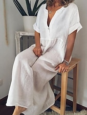 cheap Design Cotton &amp; Linen Dresses-Women&#039;s Maxi Dress Cotton Linen Dresses Casual Dress Basic Casual Vacation Daily Regular Fit Plain Short Sleeve V Neck Black White Purple Light Blue Summer