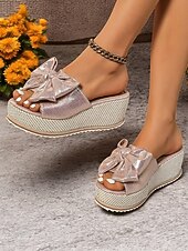 Недорогие Женские сандалии-босоножки на танкетке с золотистым металлическим бантом для женщин - гламурные босоножки на платформе для повседневных летних прогулок