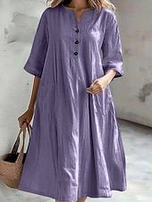 cheap Design Cotton &amp; Linen Dresses-Women&#039;s Midi Dress Cotton Linen Dresses Basic Casual Vacation Daily Regular Fit Plain 3/4 Length Sleeve Notched Neck Black Red Purple Light Blue Summer