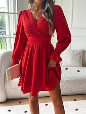 cheap Cocktail Dress-Women&#039;s Mini Dress Casual Dress A Line Dress Stylish Casual Vacation Daily Regular Fit Plain Long Sleeve V Neck Black Red Summer Spring
