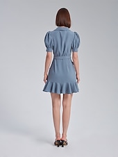 cheap Wrap Dresses-Puff Sleeve Wrap Dress with Ruffle