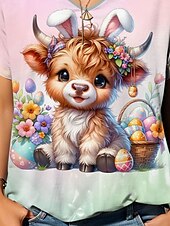 Недорогие Пасхальная футболка-Жен. Футболка Омбре Животное Стиль На каждый день С короткими рукавами V-образный вырез Обычные топы Повседневные С принтом Розовый Лето