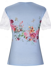 お買い得  フローラルTシャツ-女性用 レーススプライシングトップ グラフィック コサージュ エレガント ボヘミア ファッション 半袖 フラッタースリーブ ラウンドネック レギュラートップス 日常 週末 バケーションウェア レース パッチワーク プリント ホワイト ピンク レッドとホワイト ライトブルー 夏 春 秋