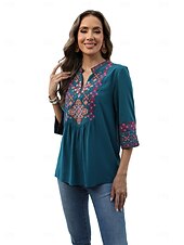 billige Boho topper-Dame Boho skjorte Elegant Bohem Daglig Helfarge Blomstret Vanlige topper 3/4 ermer 3/4-ermer V-hals Broderi Løstsittende Arbeid Daglig Ut på byen Svart Grønn Sommer