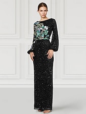 economico BLU-Tubino / Colonna Abito da Sera Elegante Vestito Formale Matrimonio Lunghezza al pavimento Manica Lunga Collo gioiello Con Paillettes con Glitter Spacco Ricamo 2025
