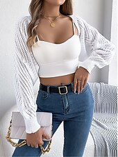 preiswerte Strickjacken und Oberbekleidung-Damen Strickjacke Pullover mit Zopfmuster Strassenmode Täglich Stilvoll Einfarbig Grobstricken Gehäkelt Öffnung vorne Ausgehöhlt Strick Raglanärmel Laternenärmel Langarm Crop Tops Stricken Heim Party