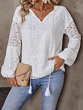 economico Top in Pizzo-Top in pizzo bianco elegante da donna con occhiello blusa casual colore solido regolare maniche lunghe scollatura a V patchwork in pizzo regolare quotidiano romantico top petite estivi per le vacanze