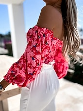 voordelige Bloemen Blouses-Dames Overhemd Blouse Afdrukken Blote rug Bloemig Stijlvol Casual Lange mouw Strapless Normale tops Dagelijks Zwart Wit Rood Paars Zomer Lente
