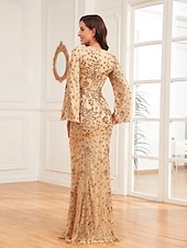 baratos AZUL-Vestido de Sereia de Noite Vintage Formal Casamento Comprimento do Chão Manga Longa Decote em V com Apliques