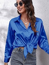 economico Top eleganti-Per donna Camicia Elegant Elegante Raso/Satin Tinta unica Affari Moderno Casual Manica Lunga Colletto a Camicia Top Regolari Lavoro Abbigliamento Formale Bottoni Giallo Rosa Vino Blu Verde Estate