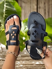 economico Sandali Piani-"sandali bassi da donna in similpelle marrone con cinturino regolabile - scarpe estive casual da indossare tutti i giorni e per le vacanze