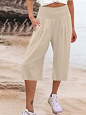 billige Vanlig linbukse i bomull-Dame Shorts i bomullslin Lin-inspirerte bukser Linbukser i bomull Mote Gatemote Ankel-lengde Høy Midje عادي Lomme Elastisk midje comfy Myk Bekvem Mikroelastisk utendørs Gate Aprikos Svart Sommer Vår