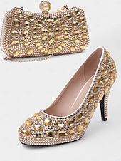 abordables Officiel-talons aiguilles ornés de cristaux dorés avec pochette assortie – ensemble de soirée et de mariage élégant pour femme