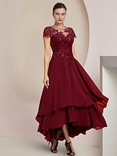 economico Lunghezza del pavimento-Abito A-line Madre della Sposa Abito Ospite di Matrimonio Formale Elegante Alto-Basso Collo a Barchetta Asimmetrico Lunghezza Tea Chiffon Pizzo Manica Corto con Applicazioni in Paillettes 2025 taglia