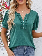 cheap Plain tee-Women&#039;s T Shirt Plain Basic Casual Short Sleeve V Neck Regular Tops Daily Weekend Ruffle Buttons Wine Green Summer
