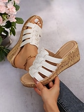 abordables Sandales Décontractées-sandales compensées dorées à lanières pour femmes avec semelle en imitation liège – chaussures d&#039;été élégantes pour les tenues décontractées et de plage