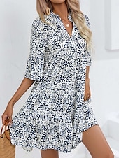 preiswerte Druck Blumen Kleider-Damen Minikleid Casual kleid Boho Chic Kleider A Linie Kleid Boho-Kleid Böhmen Vintage Urlaub Täglich Regular Fit Blumen 3/4 Ärmel Gekerbter Hals Rosa Blau Sommer