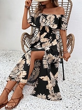economico Abiti da vacanza-Per donna Vestito maxi Abito casual Abito linea A Moda Informale Da mare Giornaliero Standard A foglia Manica corta Senza spalline Nero Estate