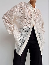 tanie Koronkowe topy-Damskie Koszula Koszula Boho Elegancja Długi rękaw Biskup Kołnierzyk koszuli Długie topy Codzienny Święto Oczko Beżowy Lato Wiosna Jesień