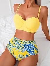 billiga Bikiniset i 3 delar-Dam Badkläder Bikini Tre delar Kaxig Baddräkt Öppen rygg Smal Hög midja Semester Standkläder Löv V-hals Ärmlös Baddräkter