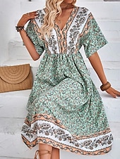 abordables Robes Bohémiennes-Femme robe longue Robe Trapèze Robe d&#039;été robe boheme Elégant Hawaïen mode Vacances du quotidien Rendez-vous Standard Floral Manche Courte Col V Vert Eté
